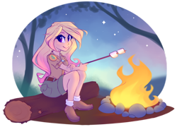 Size: 600x432 | Tagged: safe, artist:meekcheep, oc, oc only, oc:starstruck, species:human, my little pony:equestria girls, campfire, clothing, convention, equestria girls-ified, equestria la, female, food, humanized, humanized oc, looking at you, marshmallow, mascot, scout uniform, shoes, shorts, socks, solo
