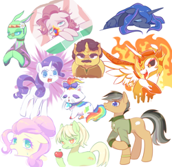 Size: 1280x1242 | Tagged: safe, artist:kkmrarar, character:coriander cumin, character:daybreaker, character:fluttershy, character:granny smith, character:opalescence, character:pinkie pie, character:princess celestia, character:princess luna, character:quibble pants, character:rarity, species:changeling, species:pony, species:reformed changeling, episode:28 pranks later, episode:a royal problem, episode:flutter brutter, episode:spice up your life, episode:stranger than fanfiction, episode:the perfect pear, episode:to change a changeling, g4, my little pony: friendship is magic, alternate hairstyle, angry, apple, bed, clothing, cookie zombie, cute, eyes closed, female, floppy ears, food, free love (changedling), glasses, hippieling, leaning, licking, looking at you, male, mare, open mouth, sad, sadorable, season 6, simple background, smiling, stallion, sweat, sweatdrop, tongue out, white background, young granny smith, younger