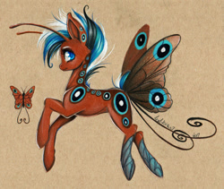 Size: 900x758 | Tagged: safe, artist:divinekitten, oc, oc only, species:pony, antennae, brown background, butterfly, butterfly pony, butterfly wings, closed species, female, flying, mare, original species, simple background, solo, traditional art