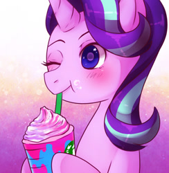 Size: 799x818 | Tagged: safe, artist:hosikawa, character:starlight glimmer, species:pony, species:unicorn, blushing, cute, drinking, female, glimmerbetes, mare, one eye closed, solo, starbucks, unicorn frappuccino
