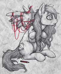 Size: 646x788 | Tagged: safe, artist:aisu-isme, oc, oc only, oc:artbeat, species:pegasus, species:pony, creepy ponies, crossed hooves, female, grayscale, mare, monochrome, neo noir, partial color, pencil, sitting, solo, spread wings, string, tangled up, wings