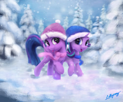 Size: 900x750 | Tagged: safe, artist:lollipony, character:starlight glimmer, character:twilight sparkle, character:twilight sparkle (alicorn), species:alicorn, species:pony, species:unicorn, beanie, clothing, cute, digital art, duo, duo female, female, fir tree, hat, looking at you, mare, open mouth, raised hoof, scarf, scenery, signature, smiling, snow, snowfall, stocking cap, tongue out, tree, trotting, twiabetes, winter