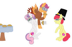 Size: 3403x2227 | Tagged: safe, artist:midnightamber, character:apple bloom, character:scootaloo, character:sweetie belle, species:pegasus, species:pony, clothing, costume, cute, cutie mark crusaders, food, food fight, goggles, pie, scootachicken, scootaturkey, silly, silly pony, turkey costume