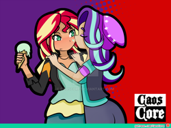 Size: 1024x768 | Tagged: safe, artist:caoscore, character:starlight glimmer, character:sunset shimmer, ship:shimmerglimmer, my little pony:equestria girls, beanie, clothing, female, food, hat, ice cream, lesbian, pants, patreon, patreon logo, shipping, watermark