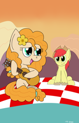 Size: 3300x5100 | Tagged: safe, artist:toonboy92484, character:bright mac, character:pear butter, guitar, sunset