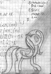 Size: 2095x3008 | Tagged: safe, artist:mfg637, character:fluttershy, cyrillic, female, grayscale, lined paper, monochrome, programming, russian, sketch, solo, traditional art