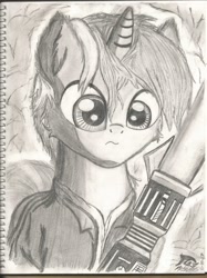 Size: 1696x2264 | Tagged: safe, artist:brekrofmadness, character:lyra heartstrings, species:pony, clothing, crossover, female, lightsaber, monochrome, solo, star wars, traditional art, weapon