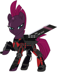 Size: 3693x4620 | Tagged: safe, artist:sonofaskywalker, character:tempest shadow, species:pony, species:unicorn, my little pony: the movie (2017), armor, blade, broken horn, colored pupils, crossover, edge of tomorrow, emily blunt, female, high res, mare, power armor, powered exoskeleton, propeller blade, raised hoof, rita vrataski, simple background, smiling, smirk, solo, sword, transparent background, voice actor joke, weapon