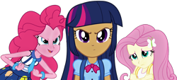 Size: 2370x1071 | Tagged: safe, artist:seahawk270, edit, character:fluttershy, character:pinkie pie, character:twilight sparkle, species:human, my little pony:equestria girls, clothing, cover image, female, frown, human coloration, humanized, light skin, looking at you, moderate dark skin, photoshop, simple background, story in the source, transparent background, trio, vector, vector edit