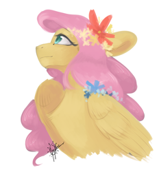 Size: 1300x1400 | Tagged: safe, artist:yuyusunshine, character:fluttershy, species:pegasus, species:pony, beautiful, bust, cute, featured on derpibooru, female, floppy ears, flower, flower in hair, folded wings, green eyes, looking away, looking up, mare, profile, shyabetes, signature, simple background, smiling, solo, white background