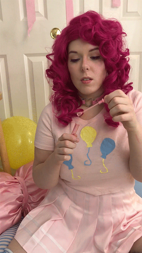 Size: 478x850 | Tagged: safe, artist:mintyblitzz, character:pinkie pie, species:human, animated, balloon, blowing bubbles, clothing, cosplay, costume, gif, irl, irl human, photo, solo