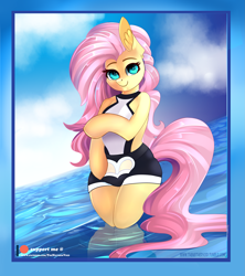 Size: 2521x2837 | Tagged: safe, alternate version, artist:theneithervoid, character:fluttershy, species:pony, bikini, bipedal, clothing, crotchboobikini, cute, female, looking at you, mare, patreon, patreon logo, semi-anthro, shyabetes, smiling, solo, swimsuit, water