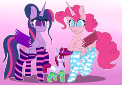 Size: 4038x2790 | Tagged: safe, artist:tomboygirl45, character:pinkie pie, character:twilight sparkle, character:twilight sparkle (alicorn), oc, oc:fruity flare, parent:pinkie pie, parent:twilight sparkle, parents:twinkie, species:alicorn, species:pony, species:unicorn, ship:twinkie, alicornified, ask, clothing, colt, diaper, female, high res, lesbian, magical lesbian spawn, male, multicolored hair, offspring, pinkiecorn, princessponk, race swap, shipping, socks, striped socks, tumblr, xk-class end-of-the-world scenario