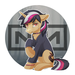 Size: 900x900 | Tagged: safe, artist:scheadar, oc, oc only, species:pony, species:unicorn, clothing, crying, hoodie, logo, male, nine inch nails, simple background, sitting, solo, transparent background