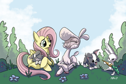 Size: 1024x683 | Tagged: safe, artist:lytlethelemur, community related, character:angel bunny, character:fluttershy, character:pom lamb, species:pegasus, species:pony, species:sheep, them's fightin' herds, cloven hooves, crossover, eyes closed, female, folded wings, grass, lamb, mare, prone, puppy, quartet, smiling, talking, tree