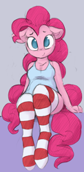 Size: 1080x2220 | Tagged: safe, artist:deeriojim, artist:dimfann, character:pinkie pie, species:anthro, species:unguligrade anthro, clothing, colored, female, floppy ears, looking at you, plump, simple background, sitting, smiling, socks, solo, striped socks, tank top