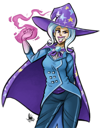 Size: 700x889 | Tagged: safe, artist:theartrix, character:trixie, species:human, blue hair, cape, clothing, coat, female, gloves, grin, hat, hate, humanized, magic, pants, smiling, solo, trixie's cape, trixie's hat