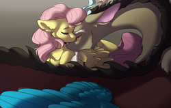 Size: 1900x1204 | Tagged: safe, artist:yuyusunshine, character:discord, character:fluttershy, species:draconequus, species:pegasus, species:pony, ship:discoshy, cheek fluff, chest fluff, ear fluff, eyes closed, female, male, mare, shipping, size difference, straight