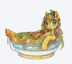 Size: 600x535 | Tagged: safe, artist:lifejoyart, character:applejack, species:pony, bowl, female, food, mare, noodles, ponies in food, simple background, solo, traditional art, white background