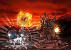 Size: 1000x707 | Tagged: safe, artist:lifejoyart, species:pony, species:unicorn, crossover, demon, fight, heroes of might and magic