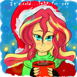 Size: 3000x3000 | Tagged: safe, alternate version, artist:albertbm, character:sunset shimmer, my little pony:equestria girls, chocolate, christmas, clothing, female, food, happy holidays, hat, holiday, hot chocolate, merry christmas, santa hat, solo