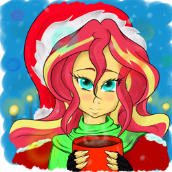 Size: 3000x3000 | Tagged: safe, artist:albertbm, character:sunset shimmer, my little pony:equestria girls, chocolate, christmas, clothing, female, fingerless gloves, gloves, happy holidays, hat, holiday, hot chocolate, santa hat, solo, winter outfit