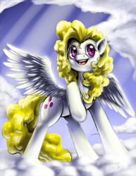 Size: 800x1035 | Tagged: safe, artist:aphexangel, character:surprise, species:pegasus, species:pony, g1, cloud, crepuscular rays, female, g1 to g4, generation leap, mare, raised hoof, smiling, solo, spread wings, wings