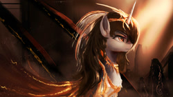 Size: 1024x576 | Tagged: safe, artist:aidelank, oc, oc only, oc:queen salinas, species:pony, species:unicorn, armor, cape, clothing, crepuscular rays, female, headdress, jewelry, mare, solo, wallpaper