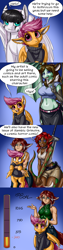 Size: 700x2800 | Tagged: safe, artist:aphexangel, character:scootaloo, non-mlp oc, oc, oc:laura the zony, species:anthro, species:dragon, species:pegasus, species:pony, anthro with ponies, clothing, dialogue, ear fluff, holding a pony, looking at you, stalkerloo
