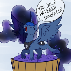 Size: 900x900 | Tagged: safe, artist:professor-ponyarity, character:princess luna, species:alicorn, species:pony, cute, eyes closed, female, grape stomping, lunabetes, mare, solo, spread wings, the fun has been doubled, tub, wings
