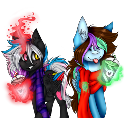 Size: 922x866 | Tagged: safe, artist:ohflaming-rainbow, oc, oc only, oc:flaming rainbow, oc:luna painter, species:alicorn, species:pegasus, species:pony, clothing, colored wings, female, glowing horn, heterochromia, magic, mare, milkshake, multicolored wings, scarf, simple background, telekinesis, transparent background