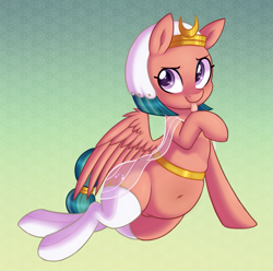 Size: 1047x1038 | Tagged: safe, artist:toroitimu, character:somnambula, species:pegasus, species:pony, g4, abstract background, behaving like a cat, belly button, blep, chubby, clothing, cute, female, leaning, licking, looking at you, mare, on side, plump, raised hoof, seductive pose, smiling, smirk, socks, solo, somnambetes, spread wings, stockings, thigh highs, tongue out, veil, white socks, wings