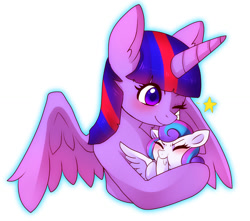 Size: 1200x1061 | Tagged: safe, artist:hosikawa, character:princess flurry heart, character:twilight sparkle, character:twilight sparkle (alicorn), species:alicorn, species:pony, aunt and niece, best aunt ever, cute, duo, flurrybetes, hoof sucking, one eye closed, simple background, spread wings, twiabetes, white background, wings, wink