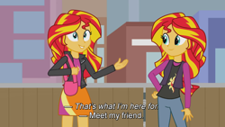 Size: 1920x1080 | Tagged: safe, artist:namygaga, character:sunset shimmer, my little pony:equestria girls, city, clothing, duality, human sunset, jacket, self paradox, subtitles, youtube link