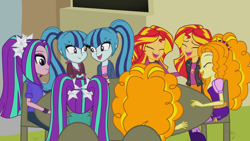 Size: 1920x1080 | Tagged: safe, artist:namygaga, character:adagio dazzle, character:aria blaze, character:sonata dusk, character:sunset shimmer, my little pony:equestria girls, city, clothing, duality, human counterpart, human dazzlings, human sunset, jacket, self paradox, table, the dazzlings