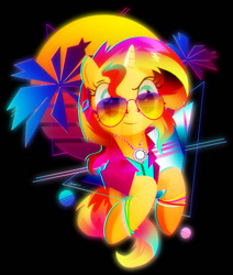 Size: 600x708 | Tagged: safe, artist:ii-art, character:sunset shimmer, female, jewelry, necklace, palm tree, solo, sun, sunglasses, swag, synthwave, tree, triangle, vaporwave