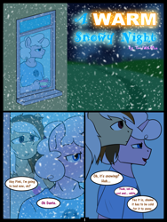 Size: 1500x2000 | Tagged: safe, artist:timidwithapen, oc, oc only, oc:andante, oc:pink marshmallow, species:anthro, comic:a warm snowy night, comic, gay, male, snow, snowfall