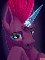 Size: 1440x1920 | Tagged: safe, artist:wwredgrave, character:tempest shadow, species:pony, species:unicorn, my little pony: the movie (2017), blushing, broken horn, cute, epoxy, eye scar, female, horn, makeup, mare, prosthetic horn, prosthetics, scar, simple background, smiling, solo, tempest gets her horn back
