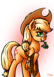 Size: 1034x1453 | Tagged: safe, artist:skorpionletun, character:applejack, species:earth pony, species:pony, clothing, female, gradient background, grin, hat, looking at you, mare, mistletoe, mouth hold, rope, smiling, solo, unshorn fetlocks