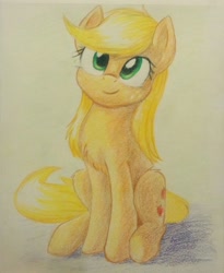 Size: 1570x1919 | Tagged: safe, artist:sokolas, character:applejack, species:earth pony, species:pony, chest fluff, cute, female, jackabetes, loose hair, mare, sitting, smiling, traditional art