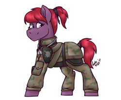 Size: 1000x825 | Tagged: safe, artist:laydeekaze, oc, oc only, oc:regal heart, species:pony, armor, army, bandolier, camouflage, dog tags, fallout, fatigues, female, mare, ponytail, pouches, soldier, soldier pony, solo