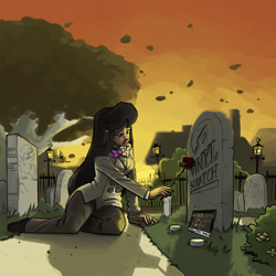 Size: 1000x1000 | Tagged: safe, artist:theartrix, character:dj pon-3, character:octavia melody, character:vinyl scratch, species:human, g4, candle, cemetery, dramatic lighting, dramatic pose, fanfic, fanfic art, fanfic cover, feels, female, flower, grave, gravestone, humanized, implied death, implied lesbian, implied scratchtavia, implied shipping, rose, sad, solo