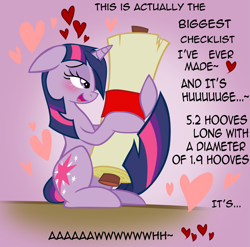 Size: 3501x3465 | Tagged: safe, artist:skutchi, artist:somepony, character:twilight sparkle, species:pony, species:unicorn, adorkable, bedroom eyes, bibliophile, blushing, cargo ship, checklist, chico the checklist, crack shipping, cute, dork, eyes on the prize, female, floating heart, floppy ears, heart, high res, holding, hug, list, love, mare, open mouth, scroll, shipping, sitting, smiling, solo, straight, tail hug, that pony sure does love lists, twilist
