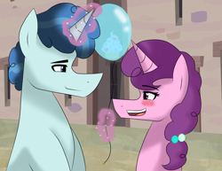 Size: 1024x790 | Tagged: safe, artist:sapphireartemis, character:party favor, character:sugar belle, ship:partybelle, balloon, female, glowing horn, magic, male, shipping, straight, telekinesis