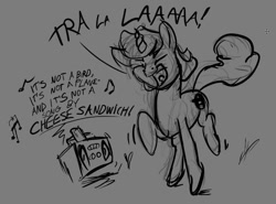 Size: 1200x887 | Tagged: safe, artist:snapai, oc, oc only, oc:avery, species:pony, species:unicorn, boombox, captain underpants, dancing, dialogue, eyes closed, gray background, grayscale, implied cheese sandwich, monochrome, music, music notes, open mouth, simple background, sketch, solo, tra la la