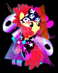 Size: 600x750 | Tagged: safe, artist:ii-art, character:apple bloom, species:earth pony, species:pony, bandana, chromatic aberration, clothing, female, filly, outrun, show stopper outfits, smiling, solo, synthwave, vaporwave