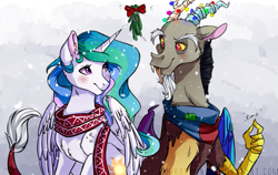 Size: 1131x714 | Tagged: safe, artist:hikariviny, character:discord, character:princess celestia, species:alicorn, species:draconequus, species:pony, ship:dislestia, christmas, christmas lights, clothing, female, holiday, looking at each other, male, mare, mistletoe, scarf, shipping, snow, snowfall, straight