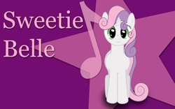 Size: 1920x1200 | Tagged: safe, artist:mfg637, character:sweetie belle, species:pony, species:unicorn, 16:10, 1920x1200, caption, female, filly, foal, front view, looking at you, music notes, purple background, simple background, smiling, solo, standing, stars, vector, wallpaper