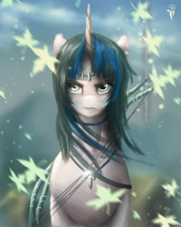 Size: 2000x2500 | Tagged: safe, artist:aidelank, oc, oc only, oc:candice, species:pony, species:unicorn, bow (weapon), choker, diadem, female, frown, jewelry, leaves, mare, necklace, quiver, solo, tribal