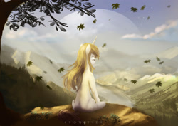 Size: 3508x2480 | Tagged: safe, artist:aidelank, oc, oc only, species:pony, species:unicorn, cloud, eyes closed, female, leaves, mare, meditation, mountain, mountain range, planet, rear view, river, solo, tree